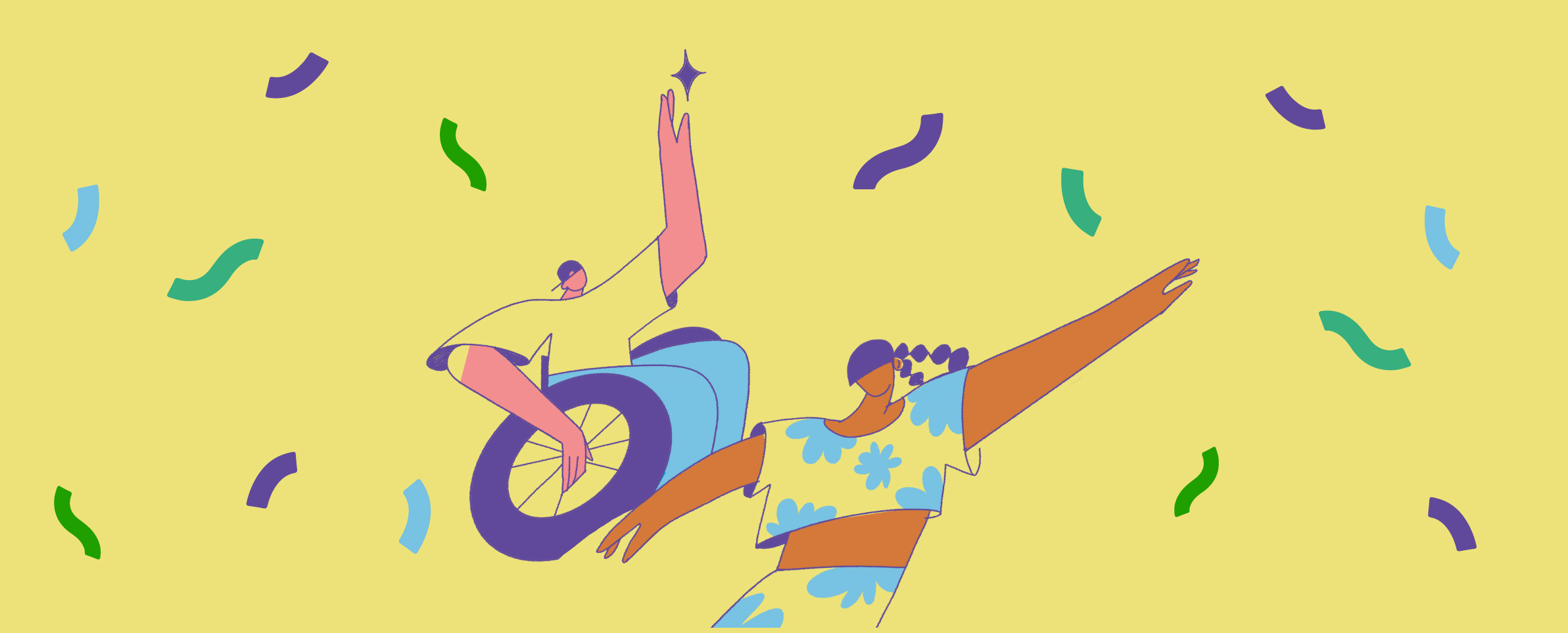 La imagen es una ilustración de fondo amarillo claro sobre la que aparece un muchacho que parece bailar o jugar sobre una silla de ruedas y una chica ciega vestida con ropa veraniega que también aparece bailando.
