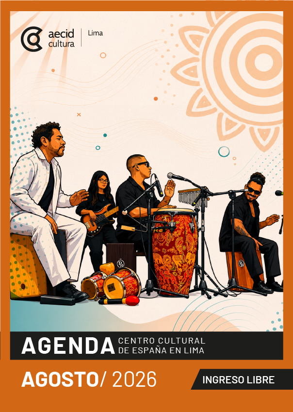 Dibujo de un grupo musical en el que aparecen 3 músicos adelante tocando cajones y tumbadora, y detrás una joven tocando el bajo. Ante ellos hay ...