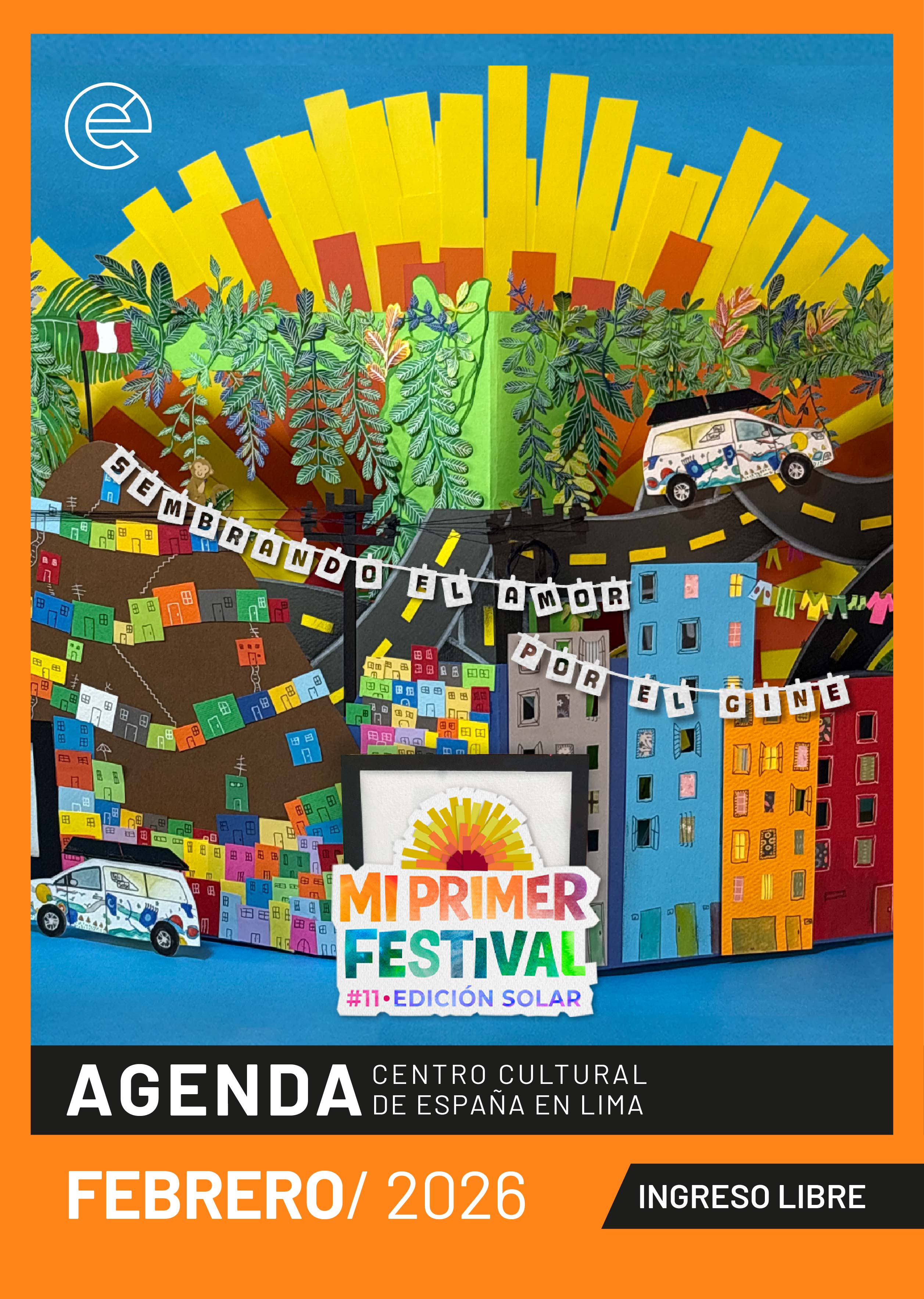 Dibujo colorido que muestra una ciudad de muchos edificios en diferentes niveles y una combi que lleva un panel solar en el techo y está llena de ...