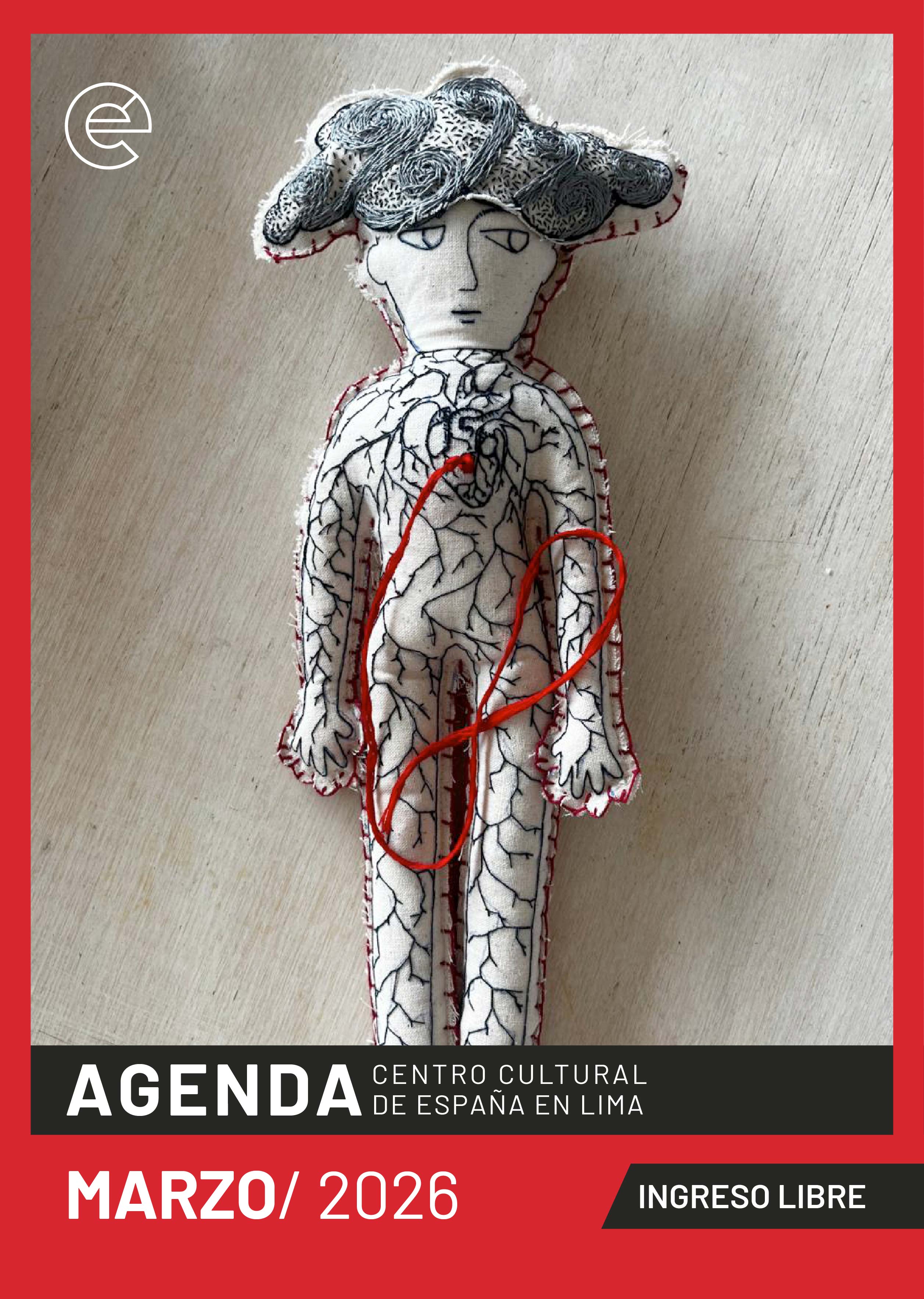 Imagen de una pieza textil cosida y bordada a m ano, que representa el cuerpo de una figura femenina en la que se ven todas sus venas y arterias y ...