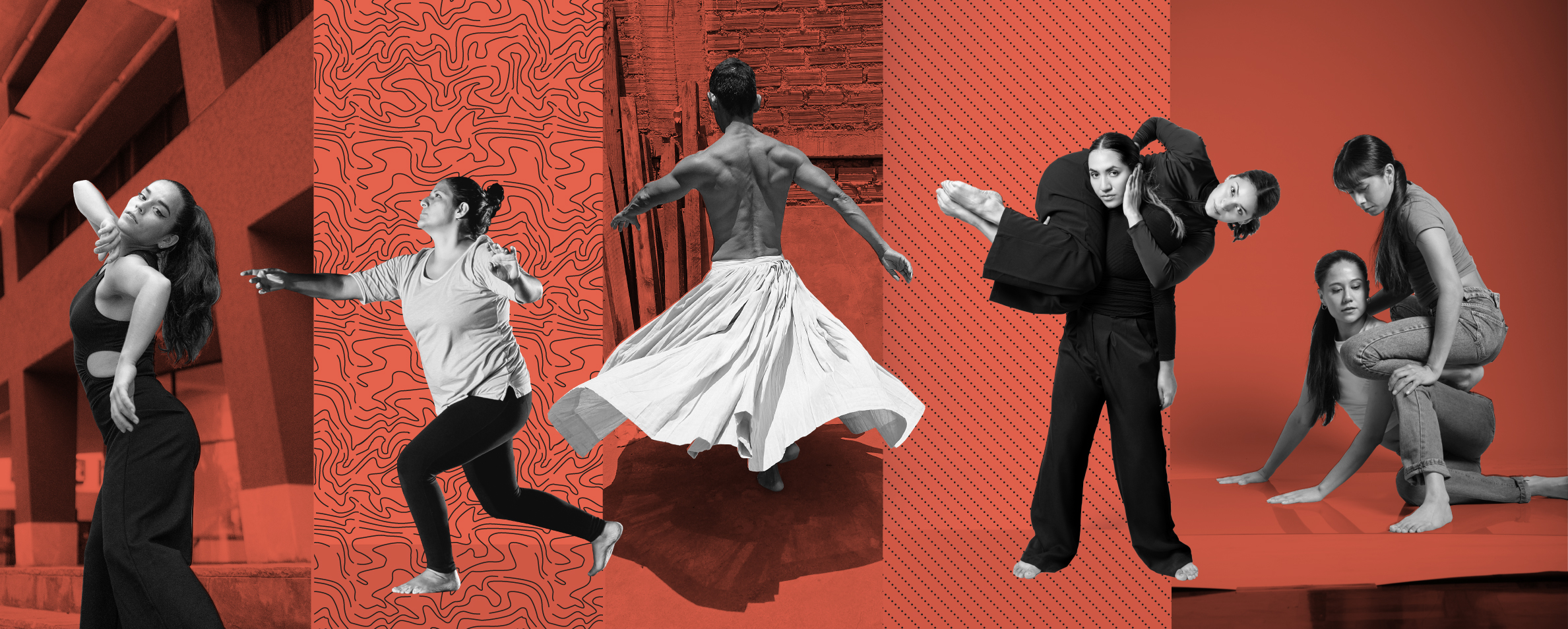 Sobre un fondo de color ladrillo intenso aparecen recortadas, en blanco y negro, las fotos de siete bailarinas y bailarines en diferentes gestos de danza.