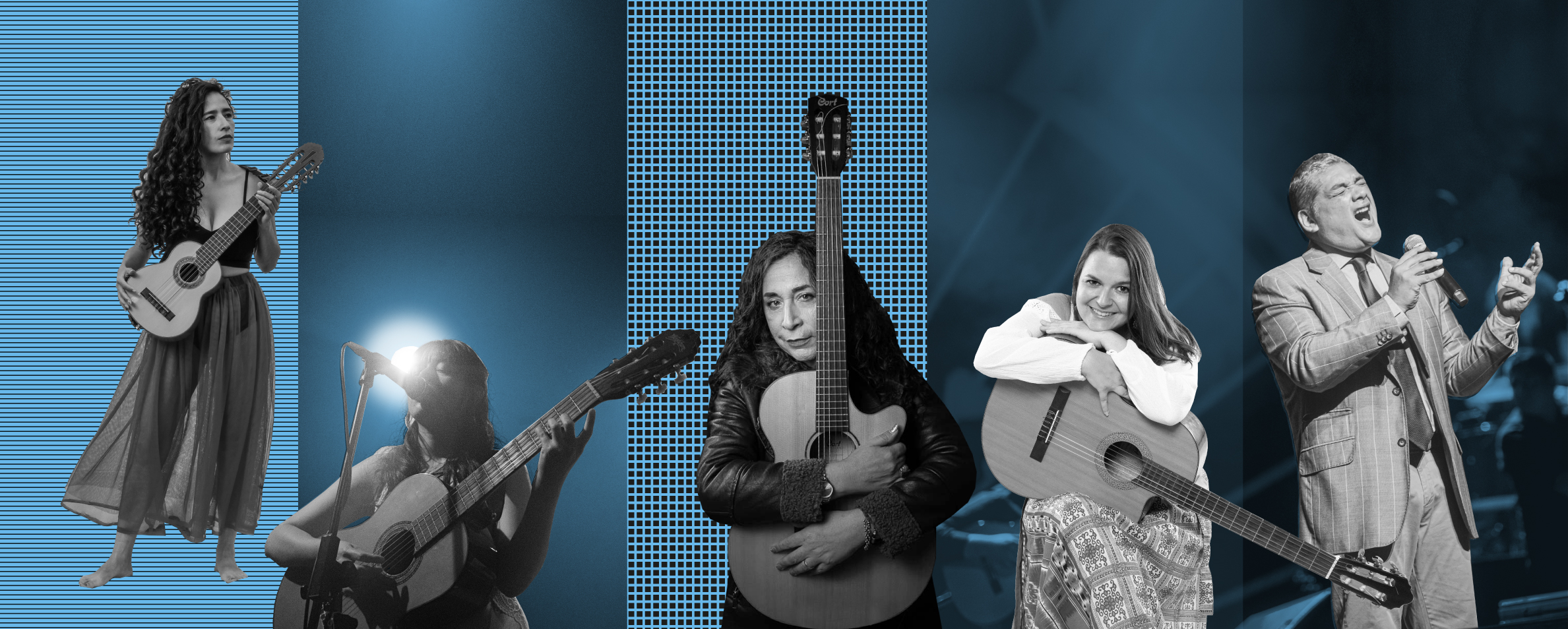 Sobre un fondo de diferentes tonos celestes, aparecen recortadas, en blanco y negro, las fotos de tres cantautoras que sostienen sus guitarras en diferentes posturas, y un artista que canta con un micrófono en mano.