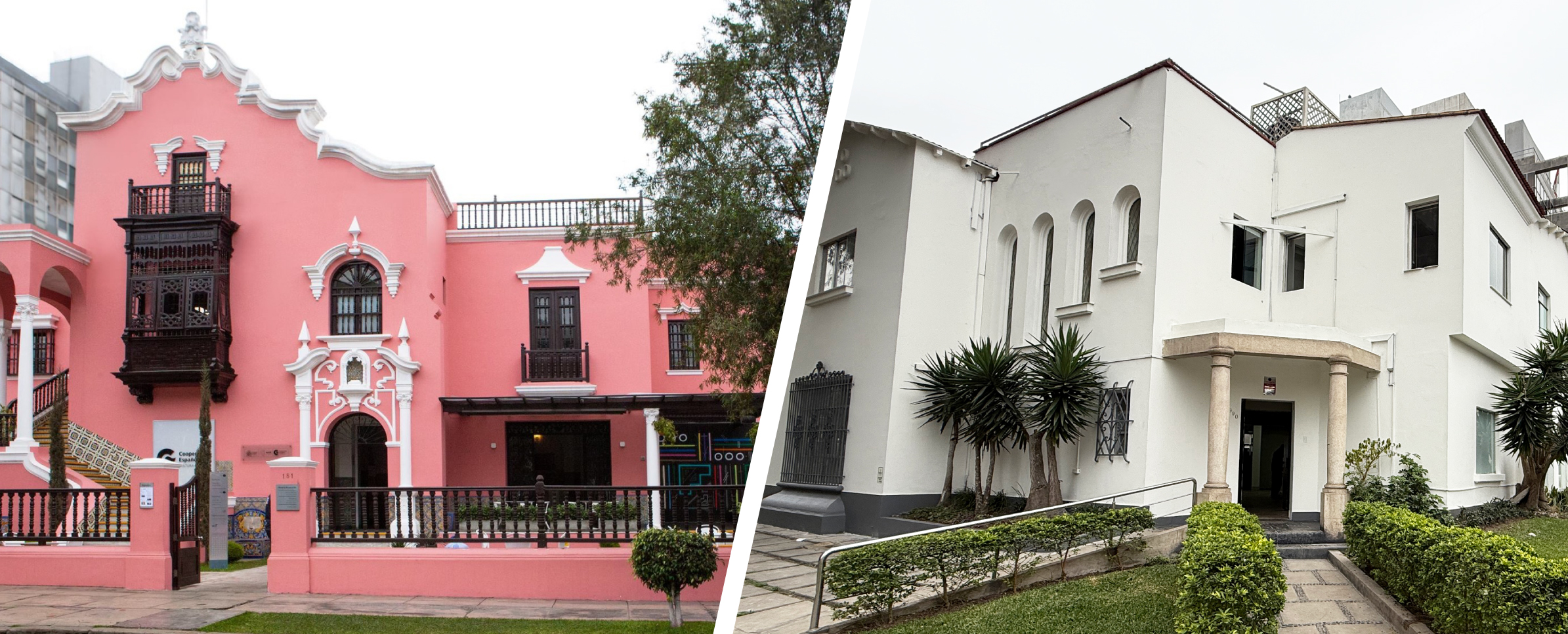 Composición fotográfica que muestra, del lado izquierdo, la casona monumental de dos pisos donde ha estado la sede del CCE Lima por 29 años. Al costado izquierdo, aparece la casa moderna de color blanco, también de de dos pisos y jardín exterior, donde radican temporalmente las oficinas del Centro Cultural.
