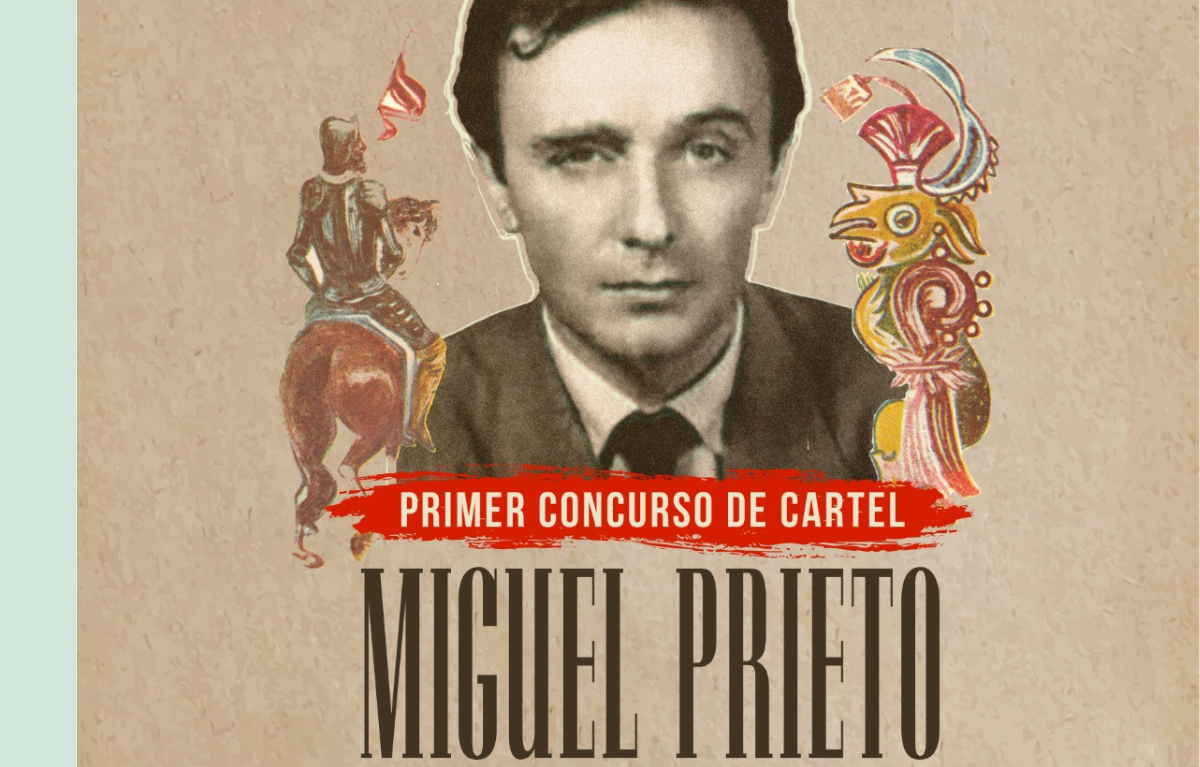 La imagen muestra en el centro la foto del ilustrador y diseñador español Miguel Prieto, junto a las ilustraciones de Don Quijote (del lado izquierdo) y del dios mexica Quetzalcoatl (del lado derecho). Debajo de la imagen se lee Primer Concurso de Cartel Miguel Prieto