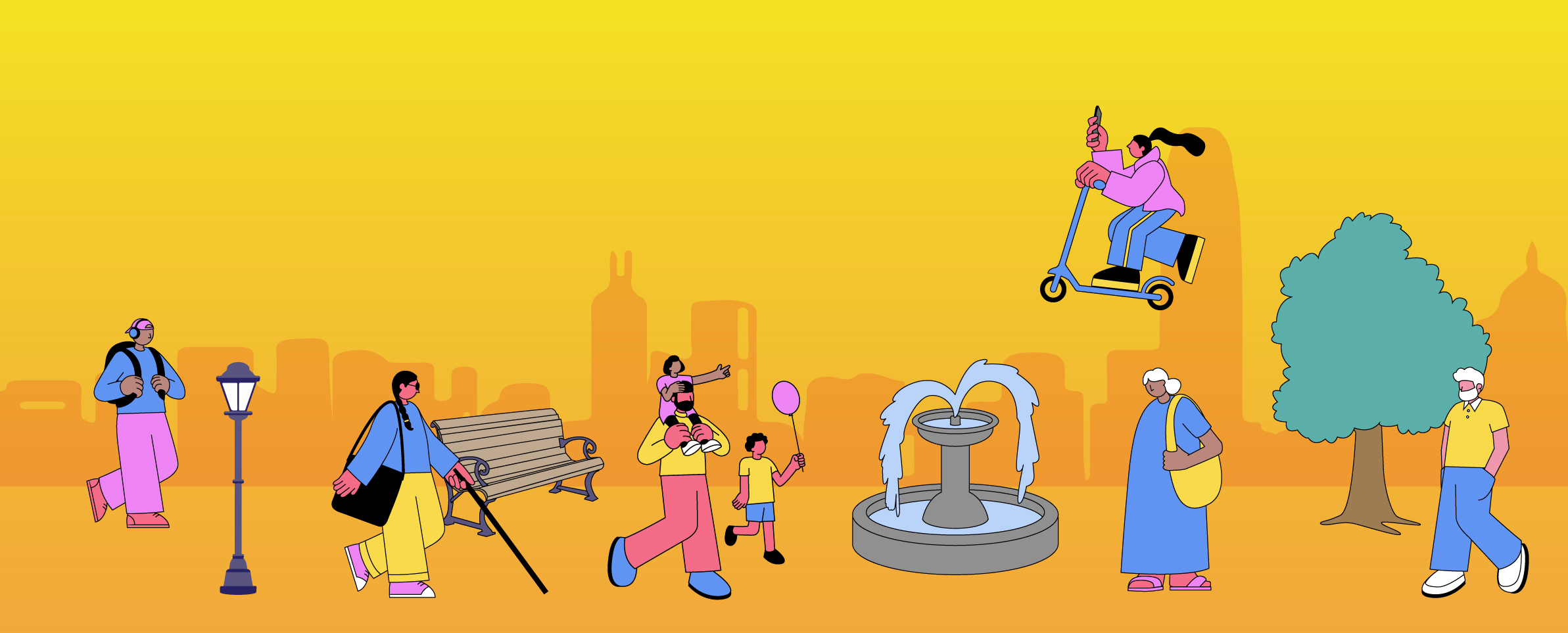 La imagen es un dibujo que muestra un fondo amarillo sobre el que aparecen las siluetas de edificios y casas. Delante se ve un parque con farol, un banco, una fuente y un árbol. En el parque, una niña vuela sobre una patineta, un niño ondea un globo, otra joven ciega camina con su bastón, un joven lleva audífonos y una mochila a la espalda, un señor lleva a un niño sobre sus hombros, una señora observa la fuente y un hombre pasea llevando puesta una mascarilla.