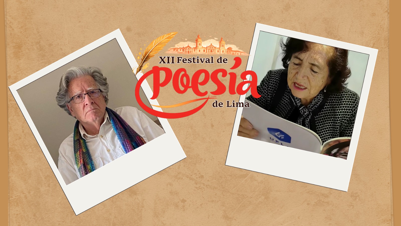 Sobre un fondo color crema aparecen las fotos de los poetas Antonio Cillóniz y Carmela Abad. En el centro entre las fotos aparece un logotipo que ...