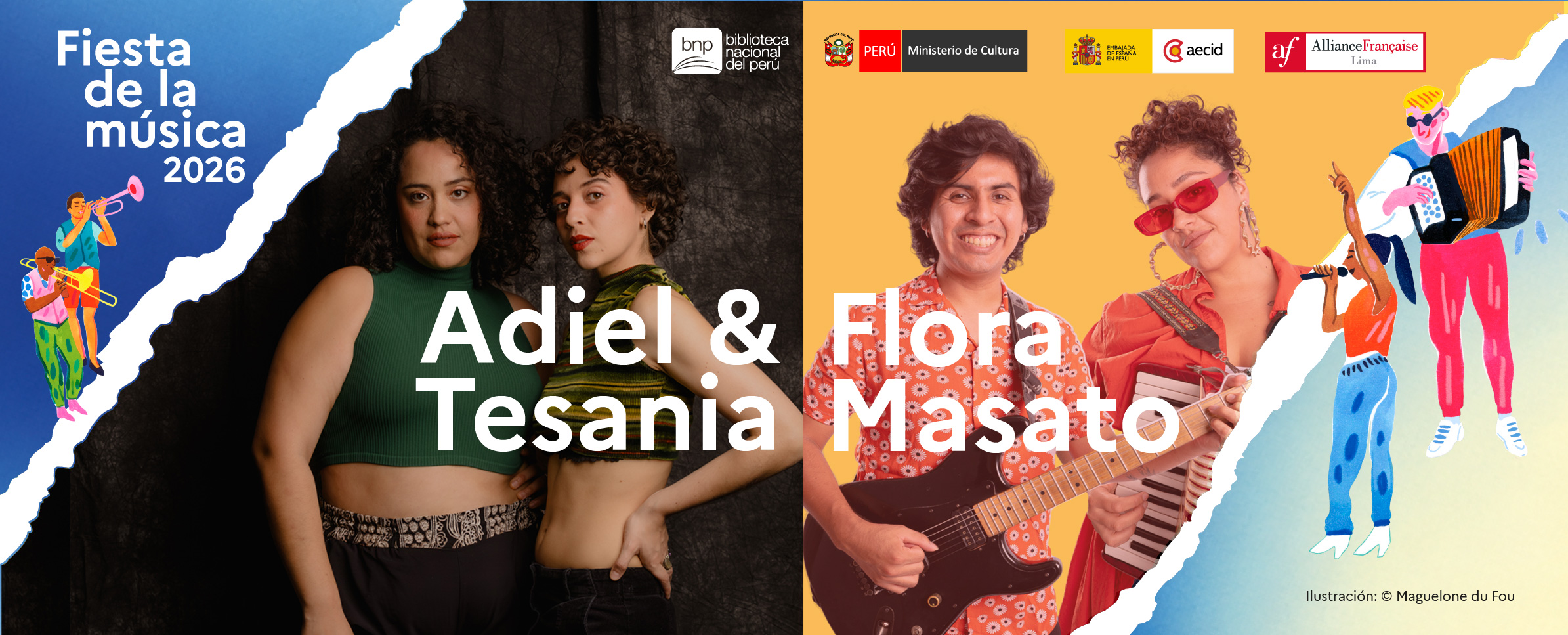 Composición fotográfica que muestra en el lado izquierdo un dúo de chicas cantantes y, del lado derecho, un joven que toca la guitarra eléctrica y ...