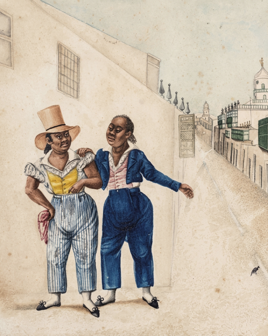 Dibujo antiguo que muestra en una calle de la Lima del siglo XIX a dos personajes hombres afroperuanos, ataviados con un atuendo que combina pantalones con blusas y zapatos femininos. Ambos llegan el cabello rulo largo recogido en la nuca y uno de ellos lleva un sombrero alto.