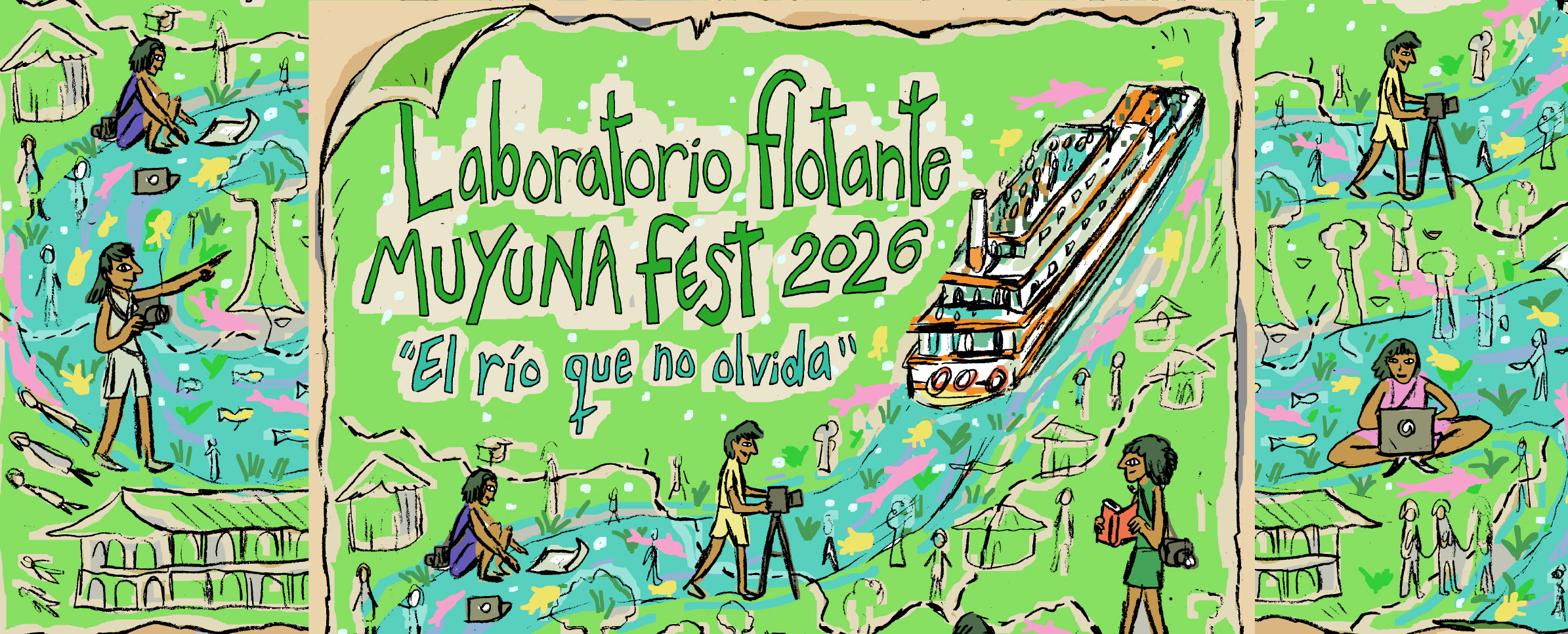 Ilustración de varios paisajes amazónicos a las orillas de un río por el que navega un barco carguero. En los paisajes aparecen diferentes ...