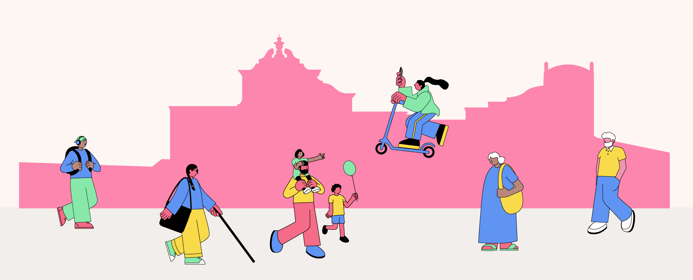La imagen es un dibujo que muestra la silueta de una casa rosada y delante aparecen diversas personas, hombres, mujeres, niños, niñas y jóvenes, paseando y jugando.