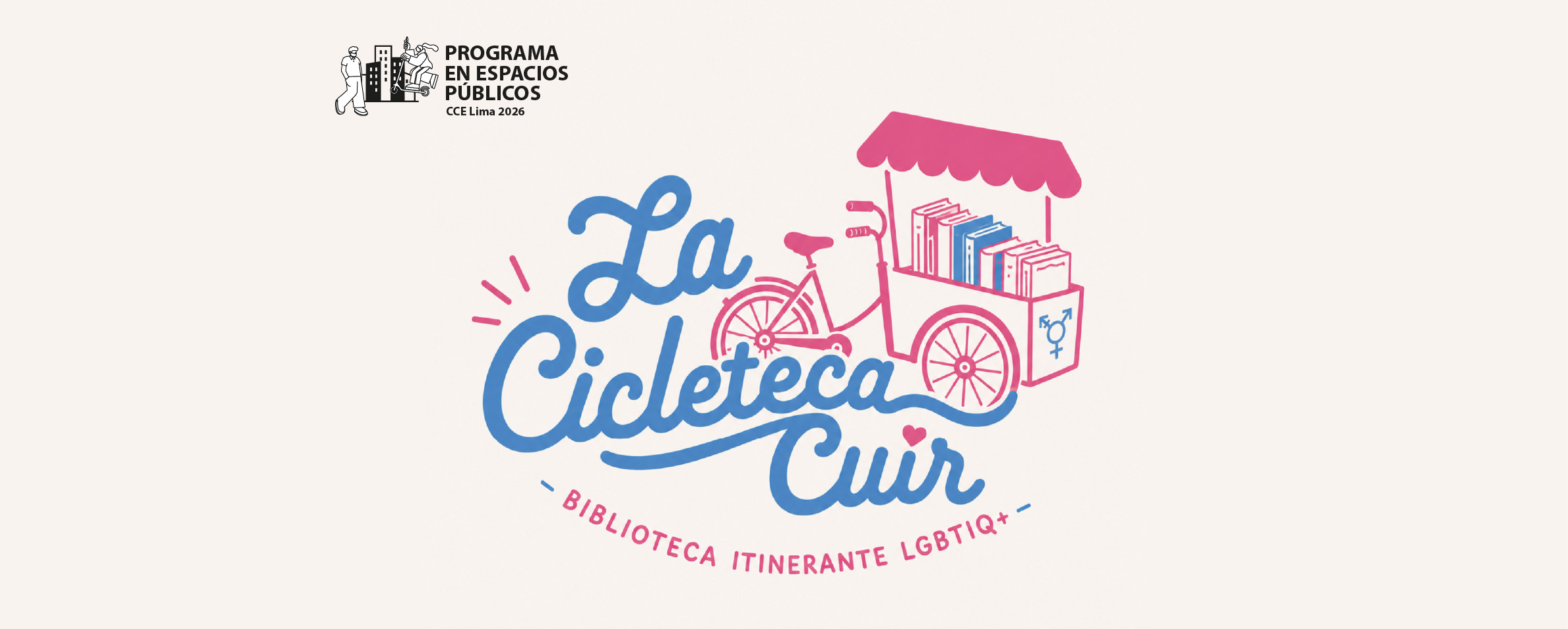 Dibujo que muestra un bicicarrito techado que lleva varios libros y que en la parte delantera tiene un símbolo representativo de la diversidad de ...
