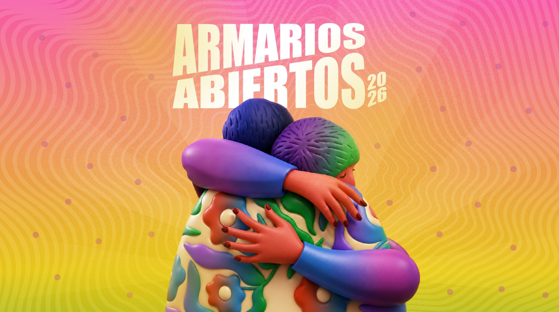 Dibujo que representa a dos personas vestidas con ropas floridas y multicolores que se abrazan armoniosamente. Estos personajes aparecen sobre un ...