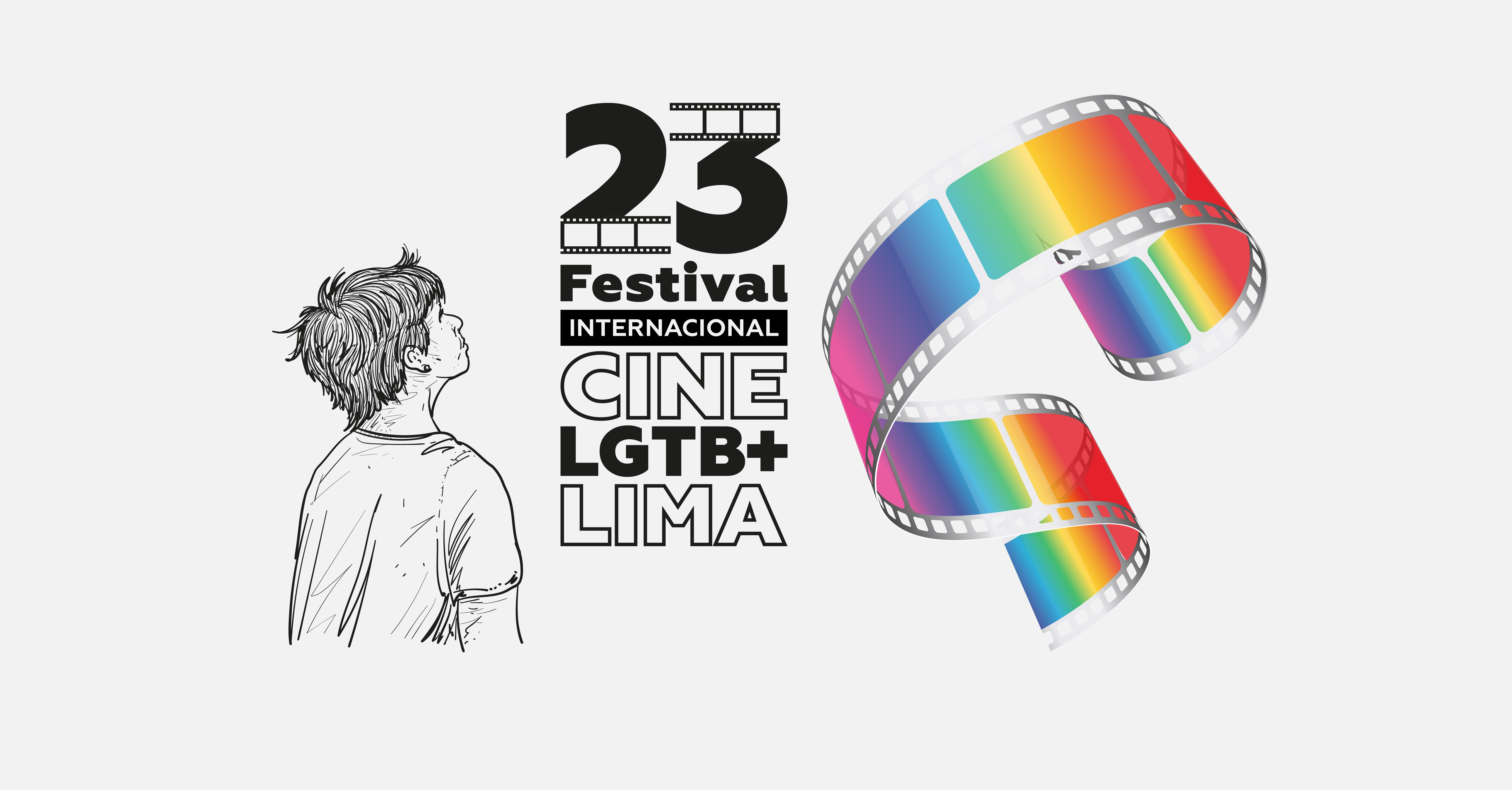 Dibujo en blanco y nego de un joven que observa un letrero en el que se lee 23 FESTIVAL INTERNACIONAL DE CINE LGBT+ LIMA. Al lado derecho del letrero aparece una cinta de películas con los colores del arcoiris.